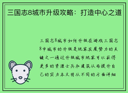 三国志8城市升级攻略：打造中心之道