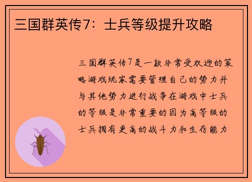 三国群英传7：士兵等级提升攻略